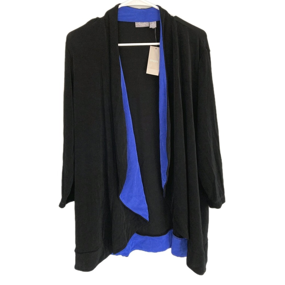Chico's Travelers Jacket Womens 3 (XL) Blk/Blue Lapel Pricilla Stretch Open NWT